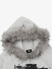 Retro Collar Print Zip-Up Fur Hooded Sweatshirt