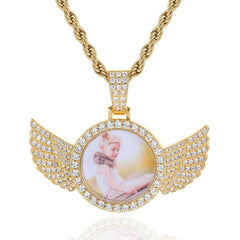 Men's Angel Wings Photo Frame Pendant Zircon Necklace