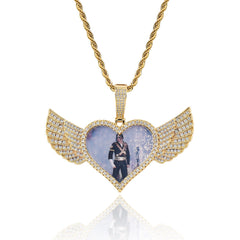 Men's Heart Wings Photo Frame Diamond Pendant Necklace