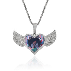 Men's Heart Wings Photo Frame Diamond Pendant Necklace