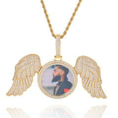 Men's Large Angel Wings Round Frame Pendant Necklace