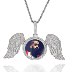 Men's Large Angel Wings Round Frame Pendant Necklace