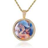 Men's Side Diamond Round Photo Pendant Necklace
