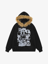 Retro Collar Print Zip-Up Fur Hooded Sweatshirt