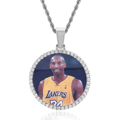 Men's Round Photo Frame Pendant Zirconia Necklace