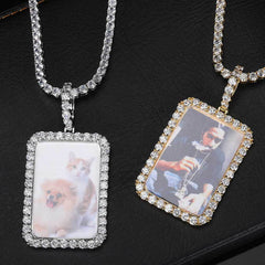Men's Square Photo Frame Pendant Zircon Necklace