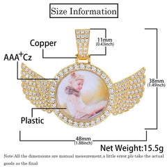 Men's Angel Wings Photo Frame Pendant Zircon Necklace