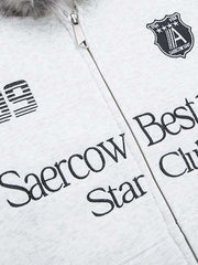 Letter Medal Embroidered Cardigan Fur Collar Hooded Sweatshirt