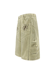 Washed Print Baggy Denim Shorts - 2375