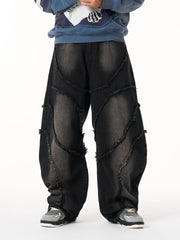 Washed Distressed Raw Edge Barrel Jeans - 2402