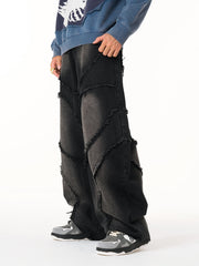 Washed Distressed Raw Edge Barrel Jeans - 2402