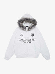 Letter Medal Embroidered Cardigan Fur Collar Hooded Sweatshirt
