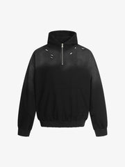 Street Distressed Half-Zip Ripped Hoodie