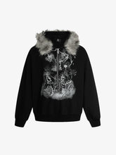 Detachable Fur Collar Half-zip Printed Hooded Cardigan Sweatshirt