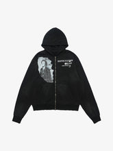 Washed Distressed Retro Portrait Print Double Zipper Hoodie