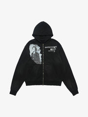 Washed Distressed Retro Portrait Print Double Zipper Hoodie