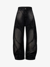 Washed Distressed Raw Edge Barrel Jeans - 2402