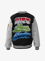 Thesupermade Leather Patchwork Embroidery Quilted Bomber Jacket