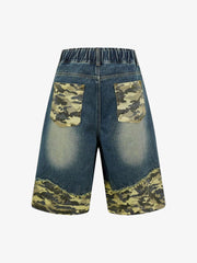 Distressed Camouflage Denim Shorts