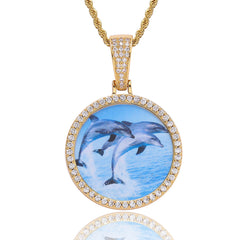 Men's Small Round Photo Pendant Zirconia Necklace