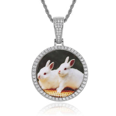 Men's Small Round Photo Pendant Zirconia Necklace