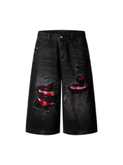 Retro Ripped Contrast Plaid Denim Shorts