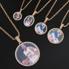 Men's Small Round Photo Pendant Zirconia Necklace
