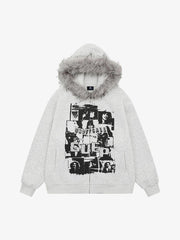 Retro Collar Print Zip-Up Fur Hooded Sweatshirt