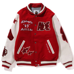 BAPE Leather Long Sleeve Red Baseball Jacket