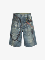 Retro Scissors Print Cropped Denim Shorts