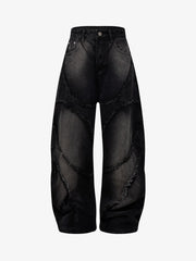 Washed Distressed Raw Edge Barrel Jeans - 2402